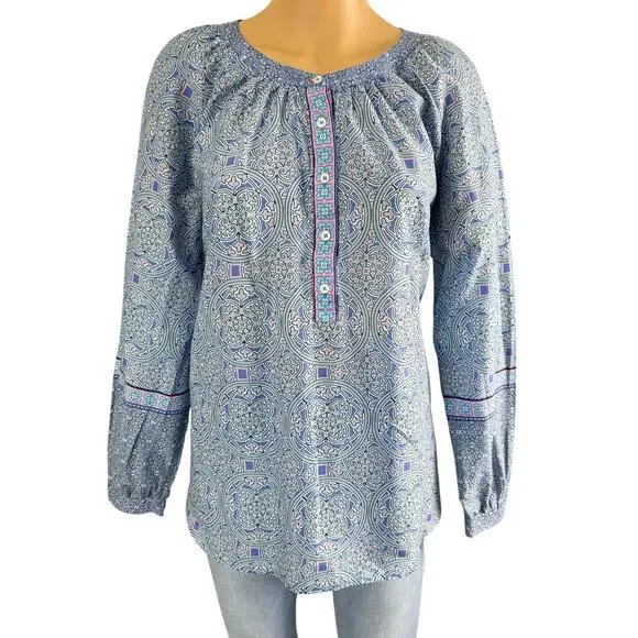 Talbots Popover Top Blue Kaleidoscope Pattern Preppy Boho Women’s Size /M - Picture 1 of 12